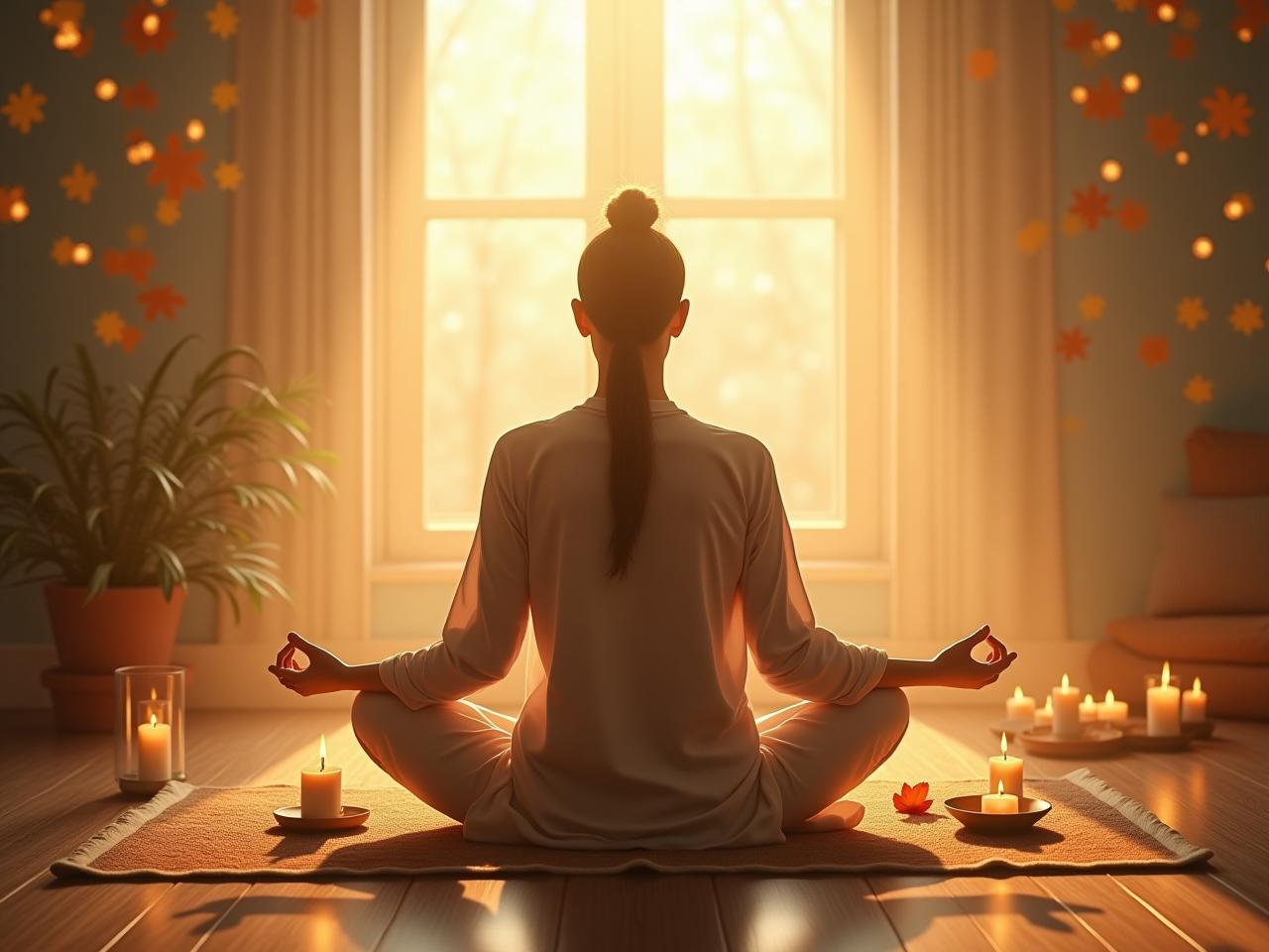 A person meditating peacefully in a serene environment, surrounded by symbols of gratitude and positivity.