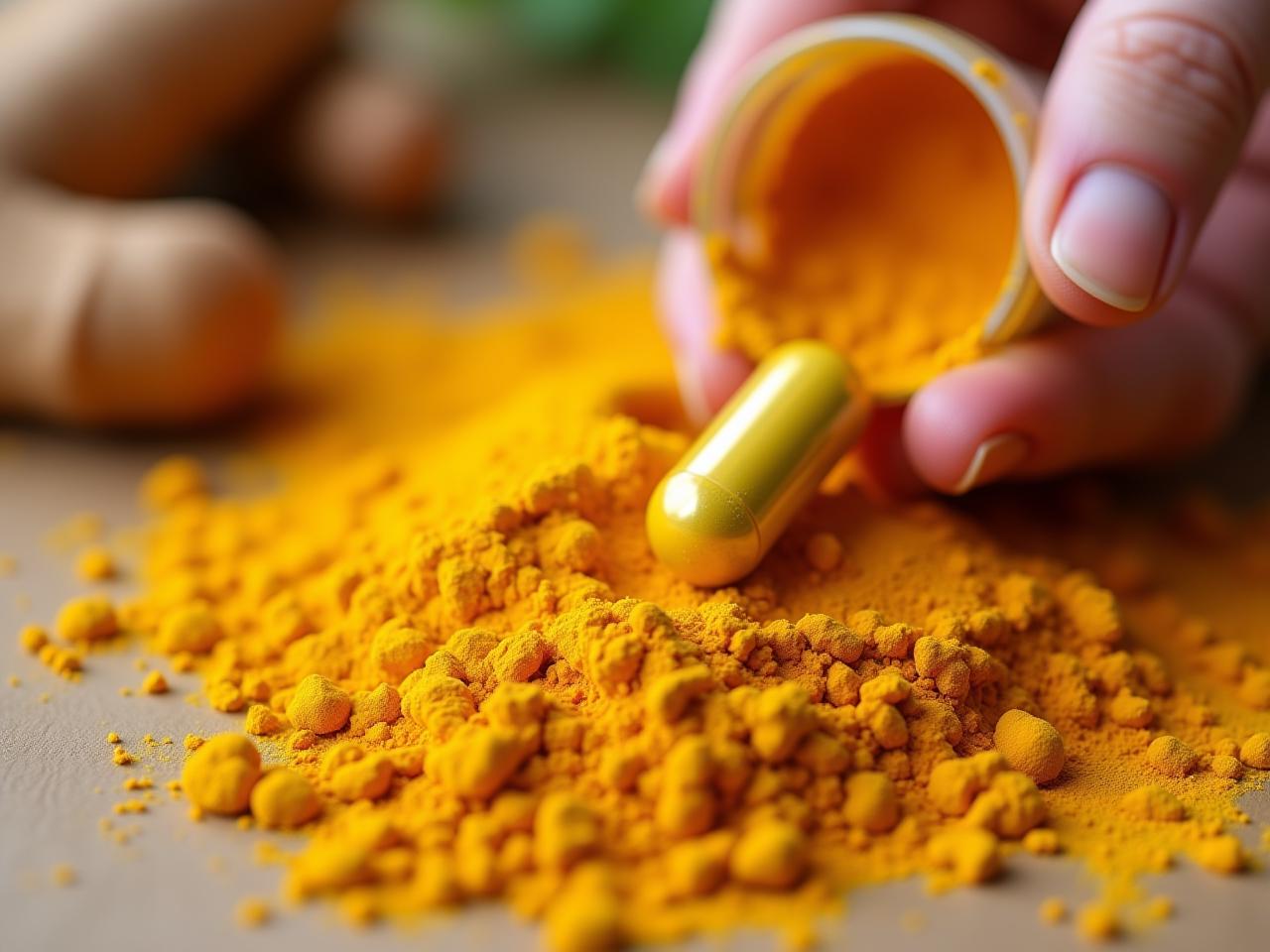 Close-up of turmeric powder and root with a persons hand reaching for a capsule of liposomal curcumin, suggesting natural remedies for inflammation.