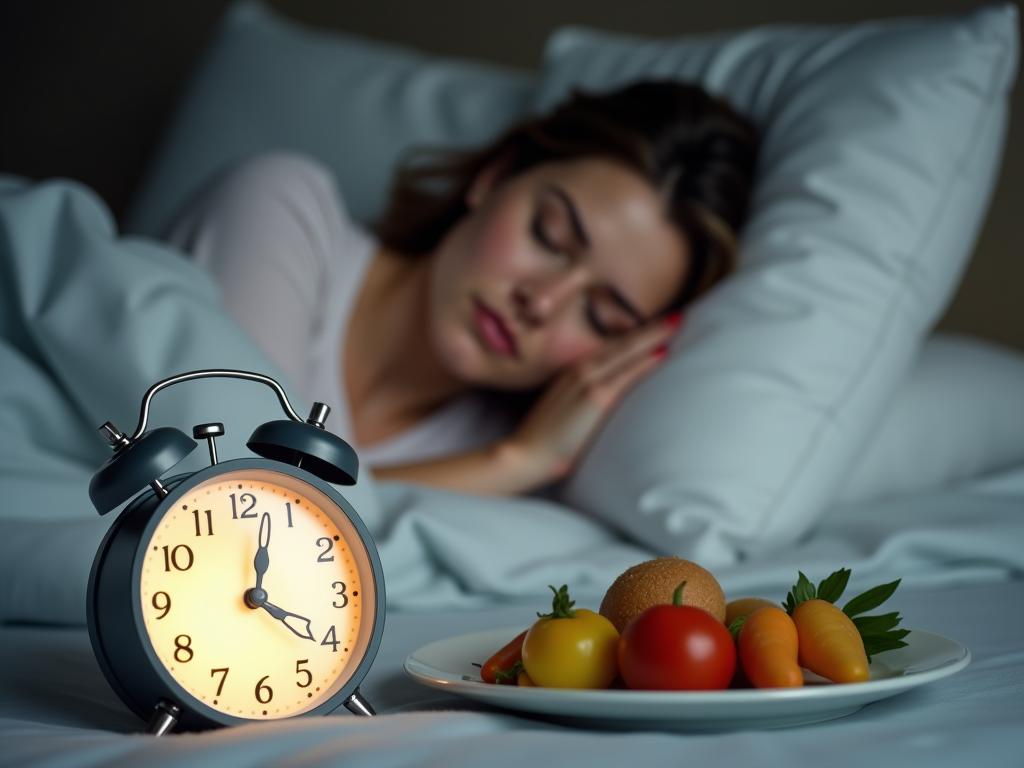 Woman sleeping peacefully in bed, with a clock showing 7 PM, and a plate of healthy food.