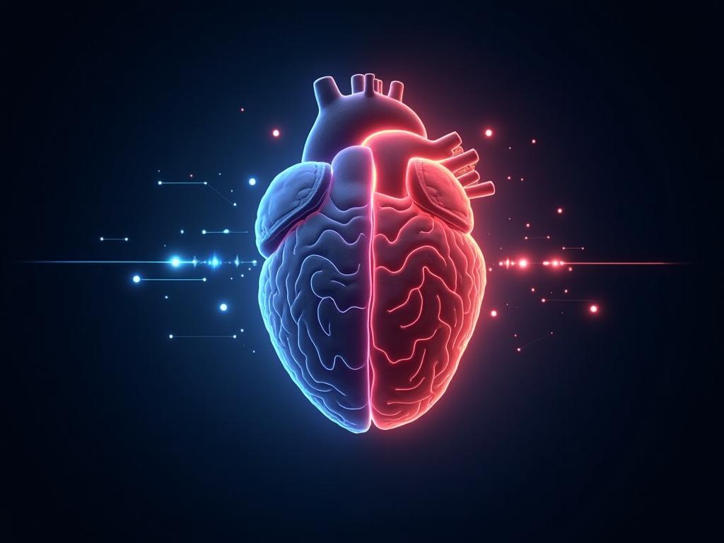 A high-tech graphic visualizing the heart and brain connection, symbolizing the early detection of stroke risk through advanced technology.