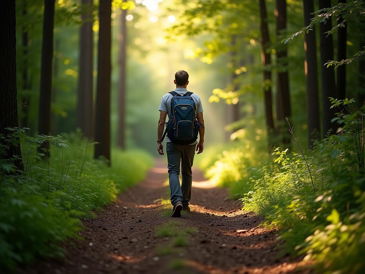 A person hiking on a forest trail, surrounded by green trees and sunlight.