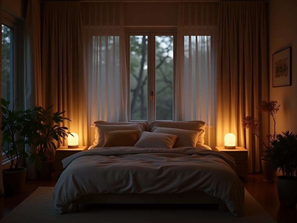 A cozy bedroom with dim lighting, a comfortable bed, and plants, creating a relaxing atmosphere for better sleep.