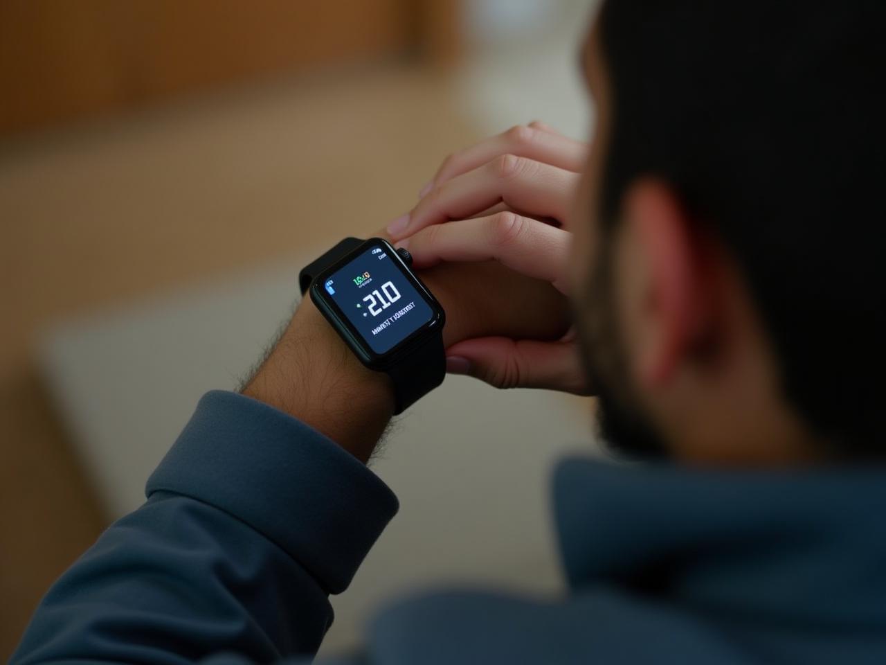 A person looking at data on a smartwatch related to health and wellness, with a focus on indicators like HRV and sleep quality.