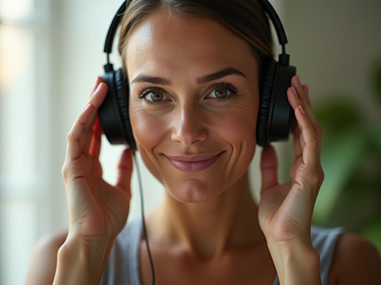 A person listening intently with headphones, symbolizing tuning into their bodys signals. Soft, natural lighting and a calm expression convey a sense of well-being and focus.