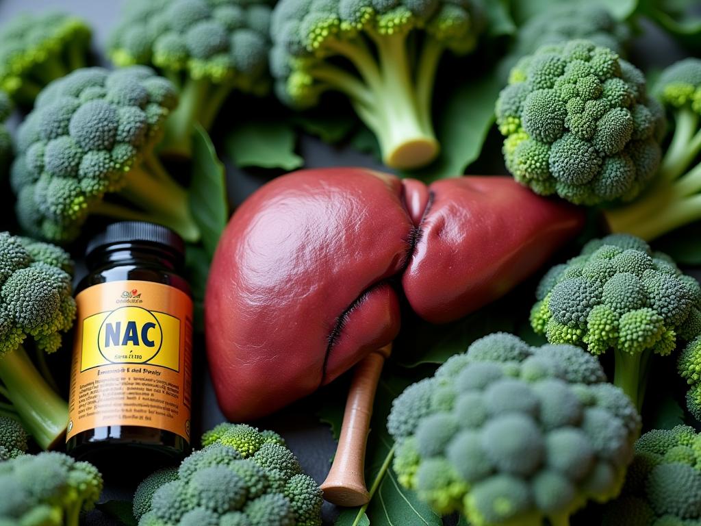 A liver surrounded by broccoli and a bottle of NAC supplements, symbolizing liver detoxification and health.