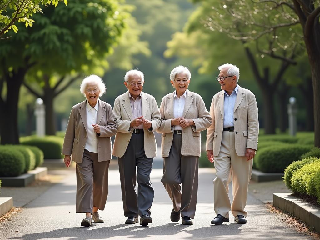 A group of elderly Japanese people walking together in a garden, smiling and active.