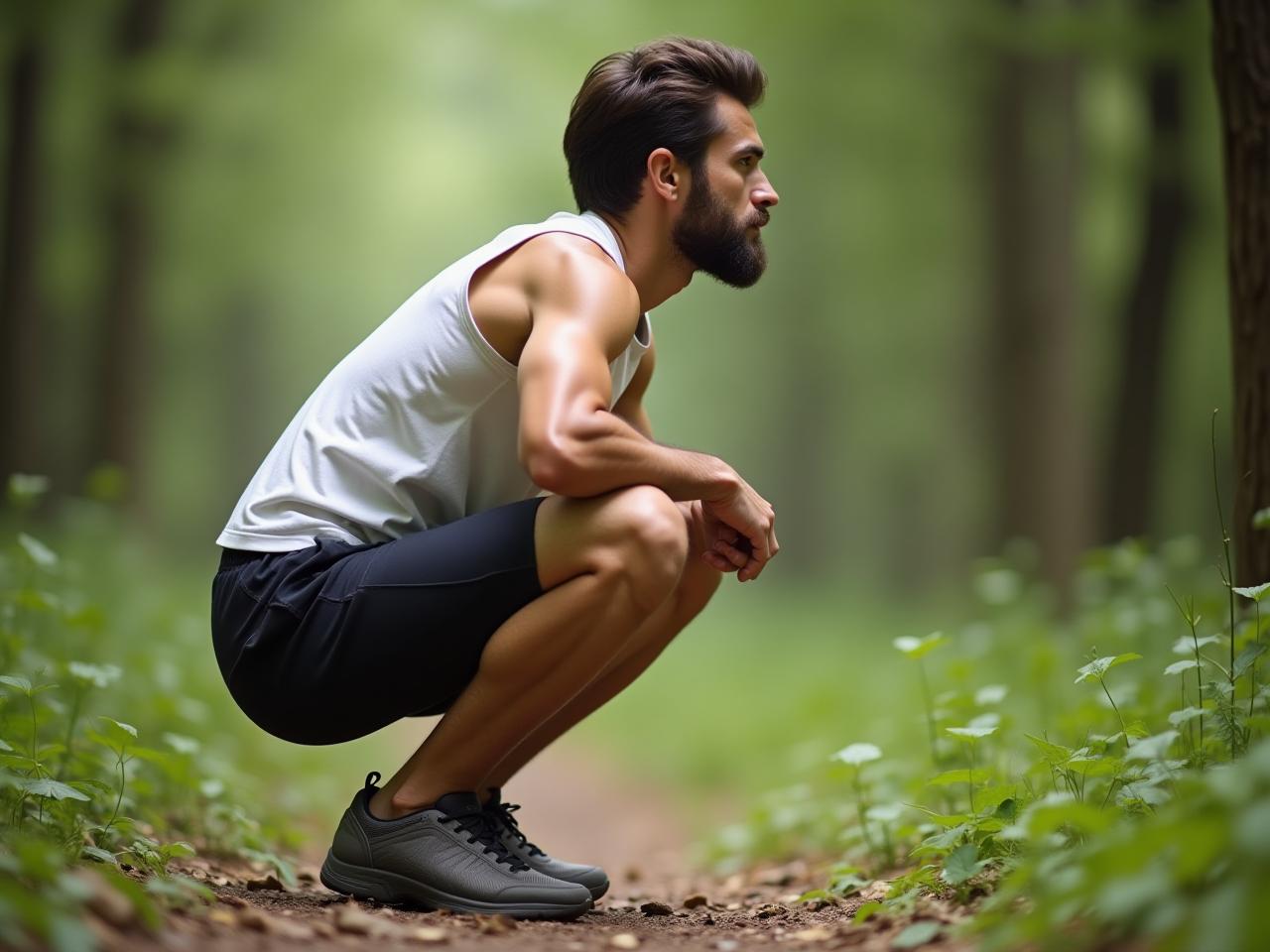 A person squatting in a natural setting, emphasizing functional movement and connection with nature.