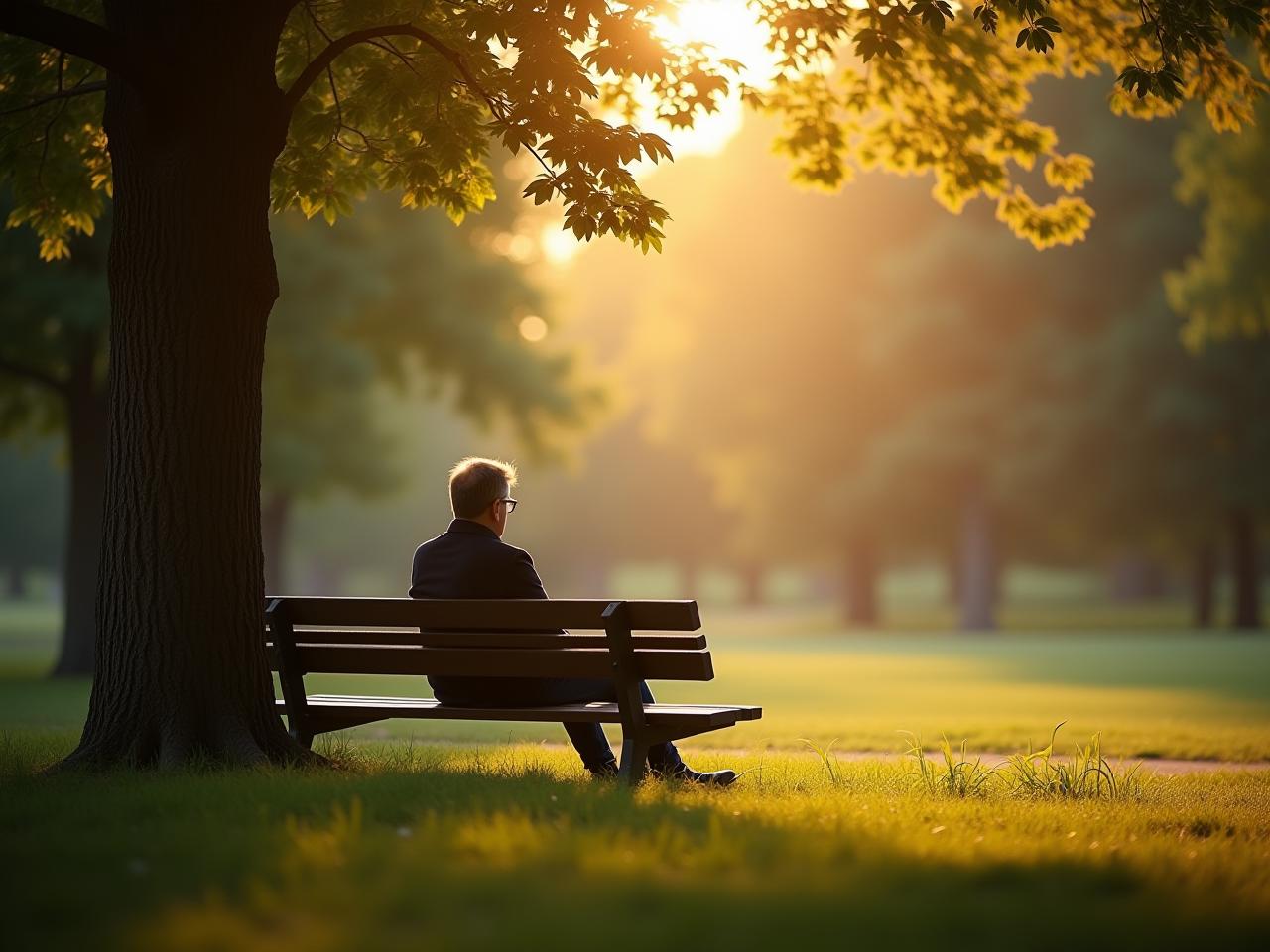 A person sitting on a park bench, looking at trees, with sunlight shining through the leaves.