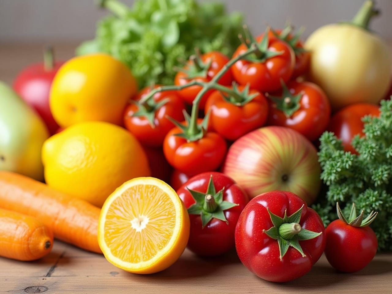 Colorful vegetables and fruits, symbolizing a healthy and balanced diet for anti-aging and detoxification.