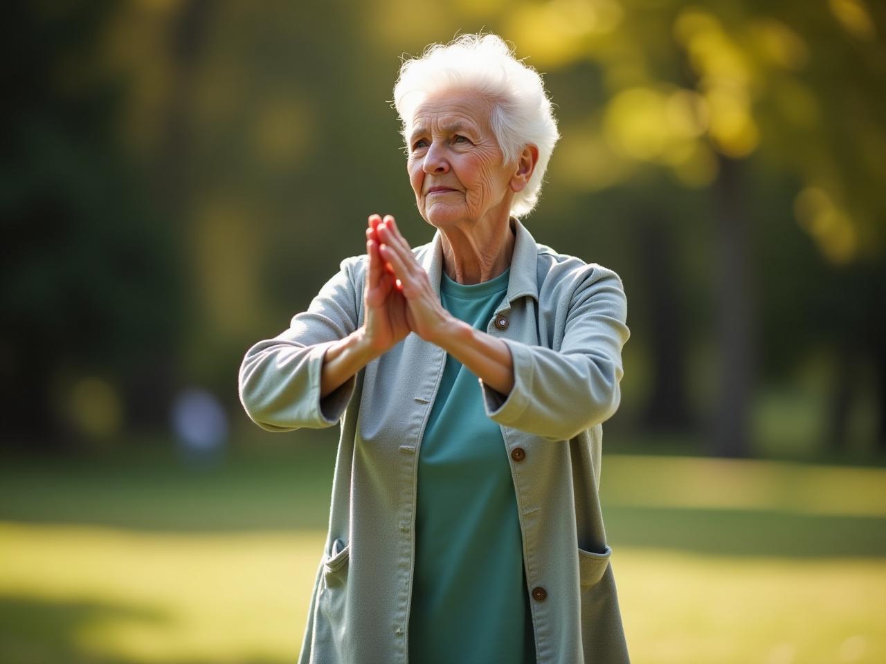 Elderly woman practicing Tai Chi in a park.