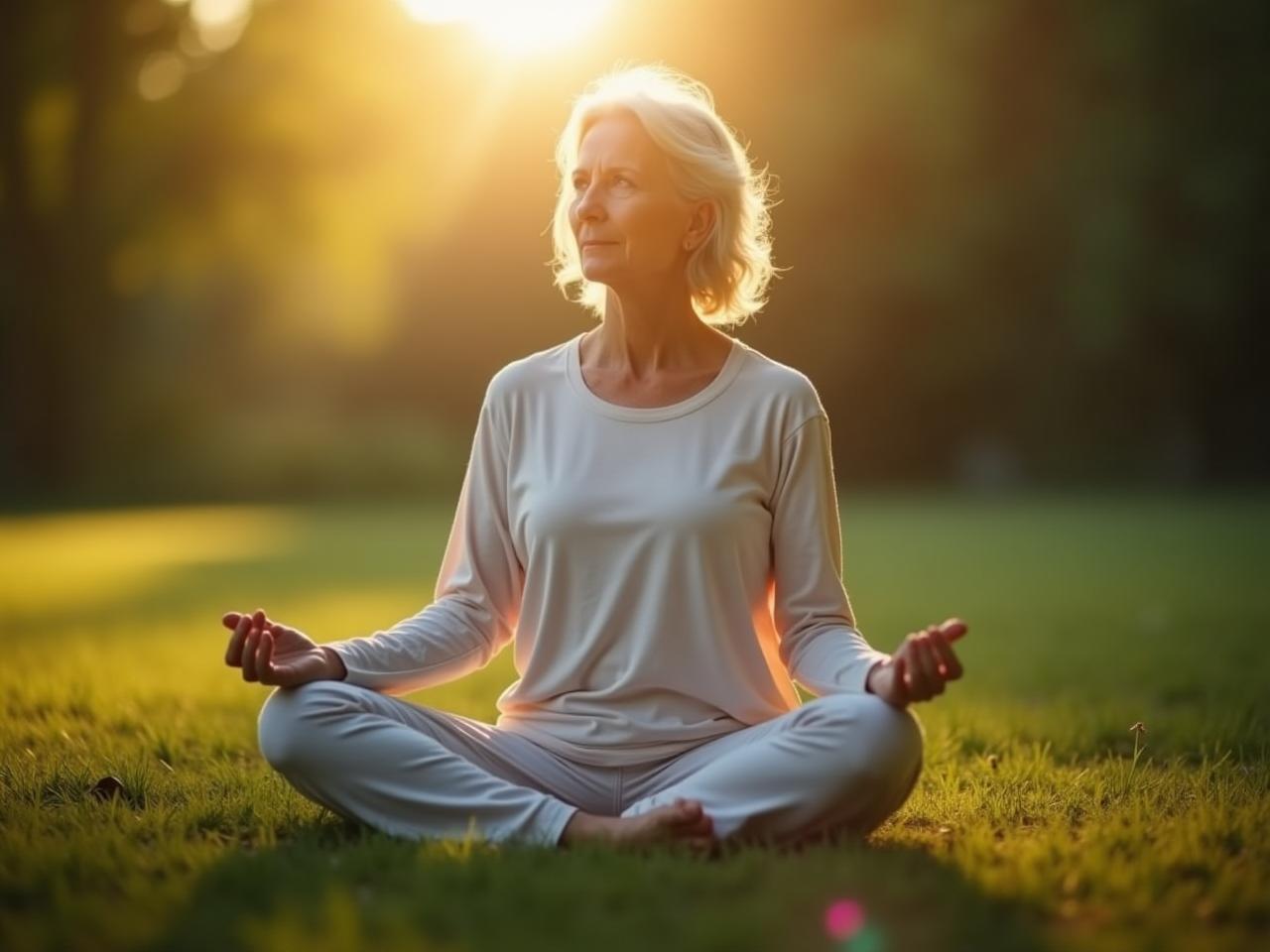 A calm person meditating outdoors, representing the vagus nerve and its connection to relaxation and longevity.