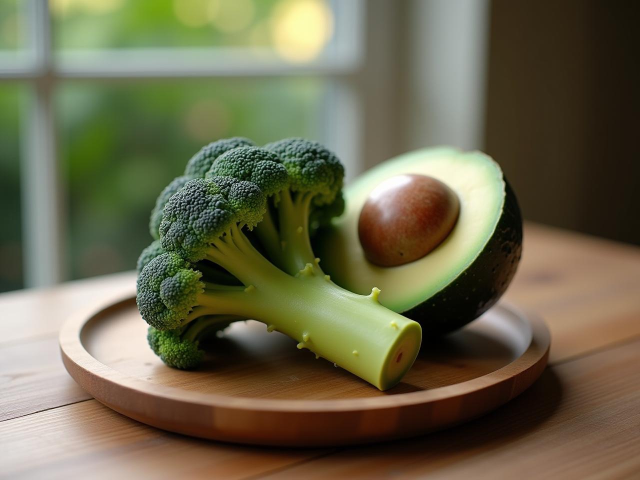 Broccoli and avocado on a wooden table, symbolizing healthy eating and hormone balance.