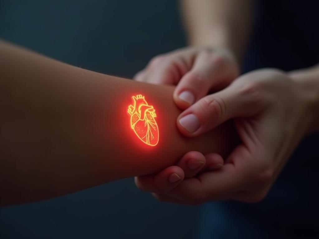 Close-up image of a persons wrist with a glowing sensor analyzing their skin. The background shows a stylized representation of a healthy heart.