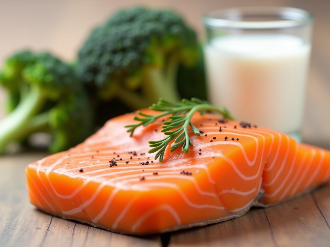 Close-up of fresh salmon, broccoli, and a glass of milk, symbolizing the three food groups discussed in the article about NAD+ boosting.