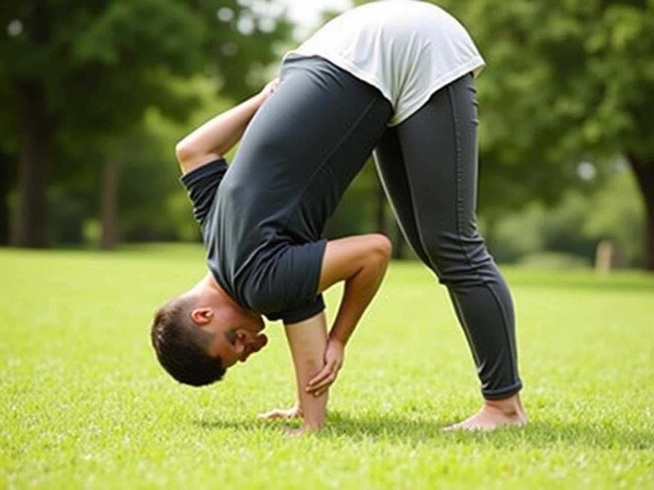 Person practicing a natural movement exercise outdoors, barefoot on the grass, with a focus on spiral movements.