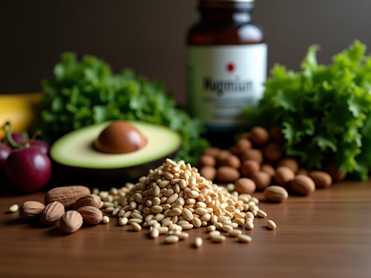 Close up of various magnesium-rich foods, such as leafy greens, nuts, and seeds, arranged on a wooden table, with a bottle of magnesium supplement in the background.