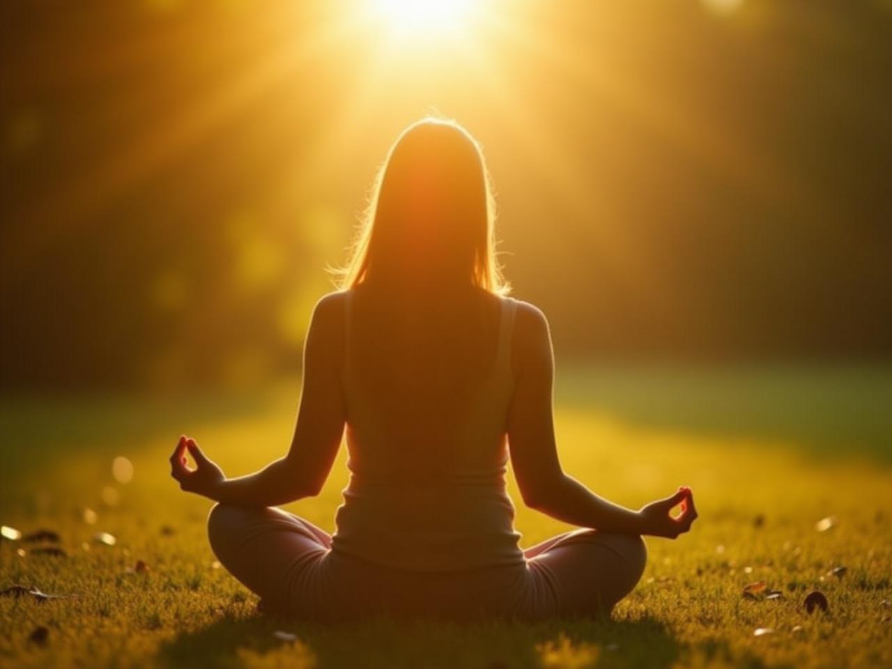 A person meditating peacefully in nature, with sunlight gently illuminating their face.