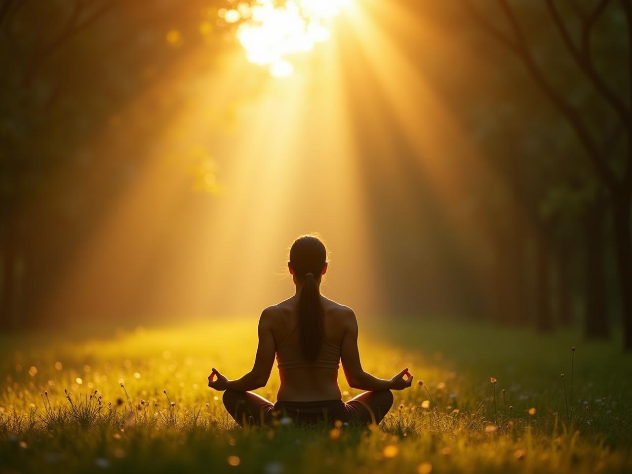 A person sitting calmly in nature, meditating with sunlight filtering through the trees, representing peace and resilience.