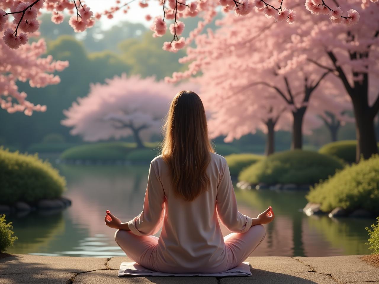 A person meditating peacefully near a serene Japanese garden, with cherry blossoms in bloom. The image conveys a sense of calm and focus.