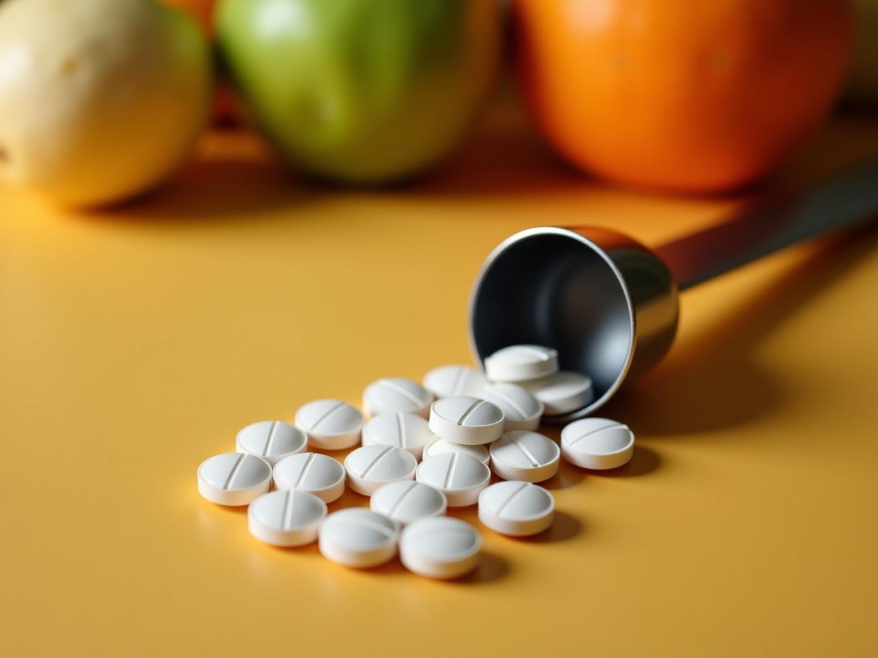 Close up of Inositol supplement pills with a measuring spoon, surrounded by fresh fruits and vegetables.