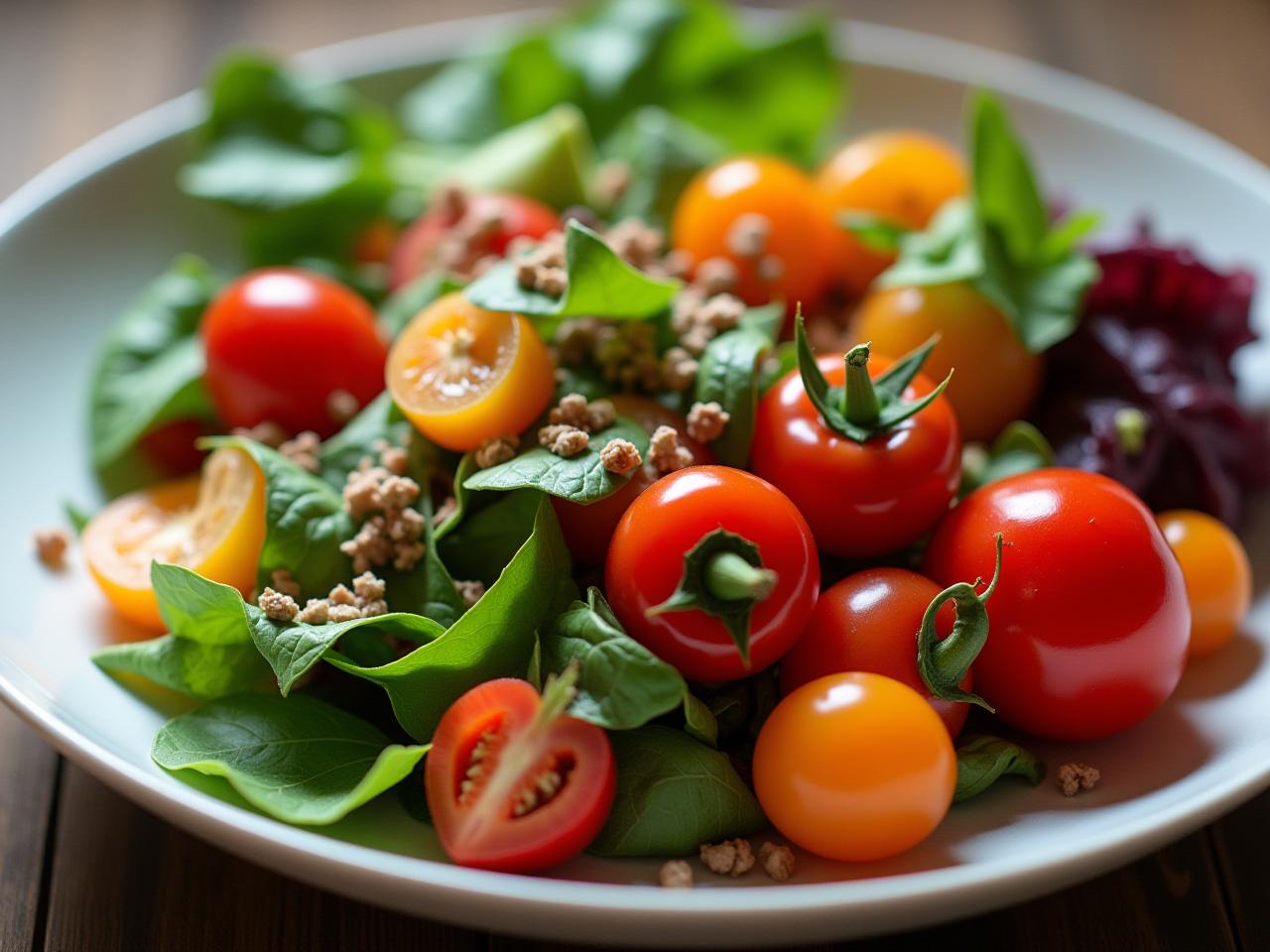 A colorful salad with various vegetables and herbs, representing a healthy plant-based diet.