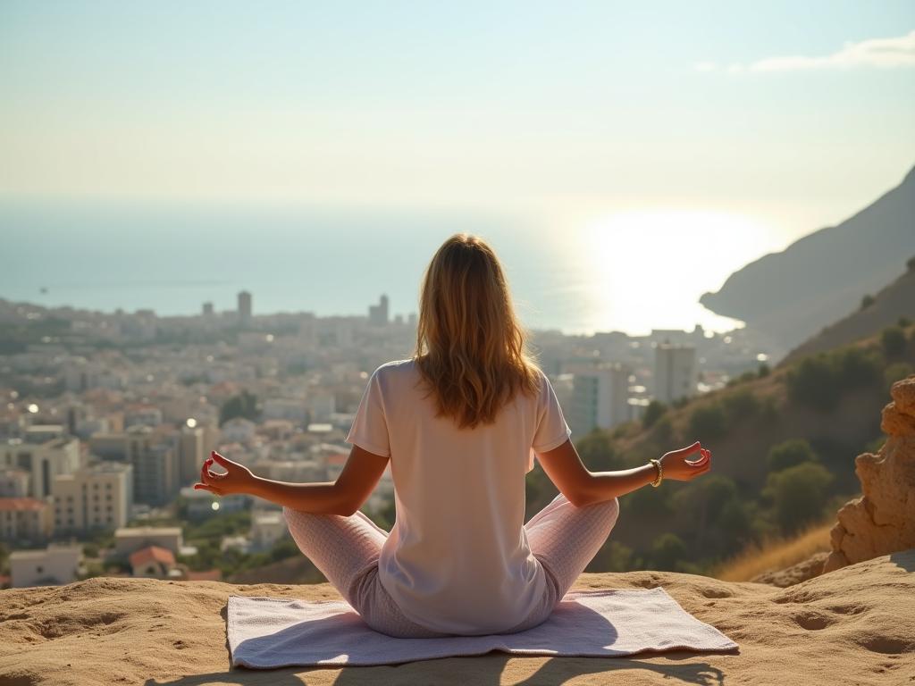 A woman meditating peacefully in a vibrant Israeli setting, overlooking a cityscape or a natural landscape.