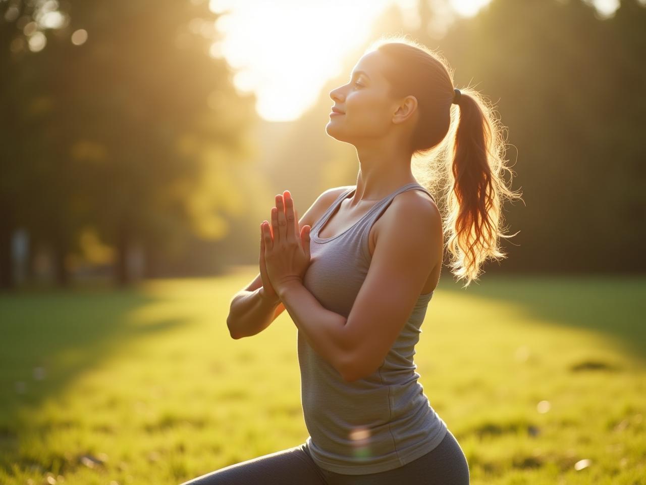 A person practicing a natural movement exercise in nature, with trees and sunlight in the background. The person looks relaxed and connected to their body.