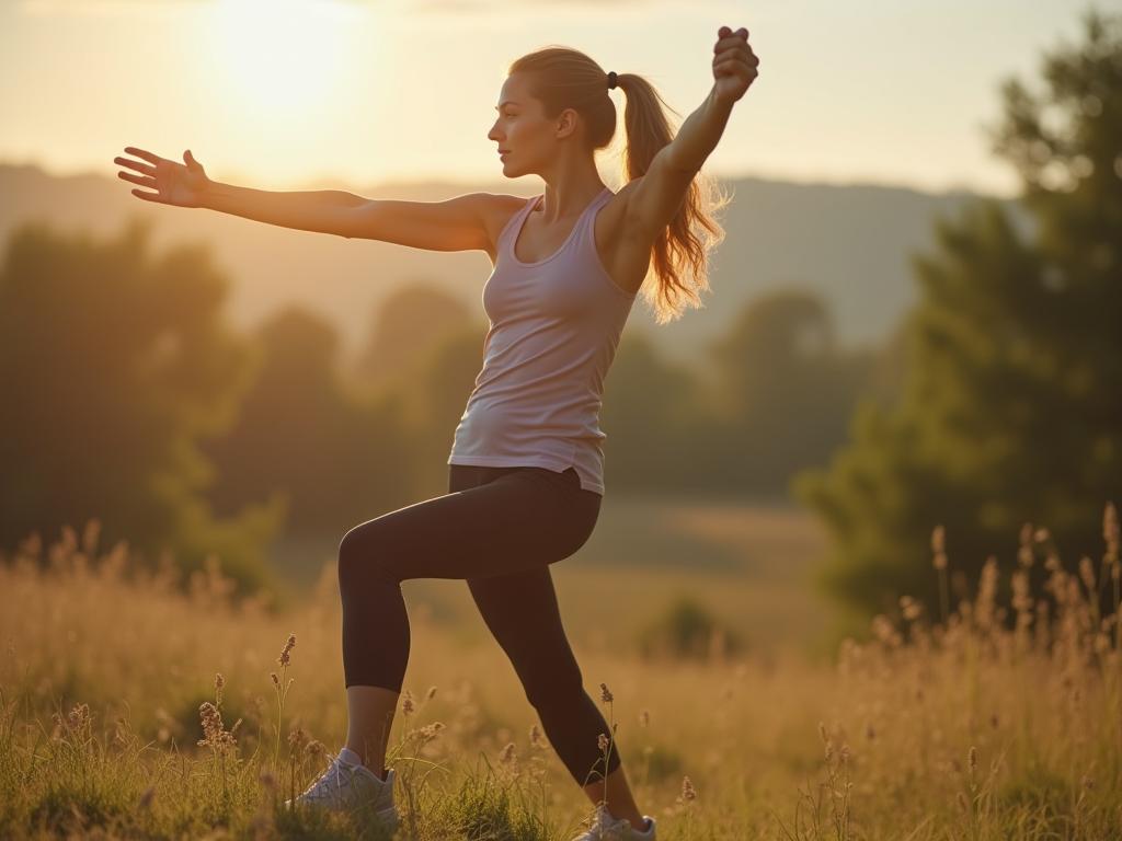 A person stretching dynamically in nature after a workout.