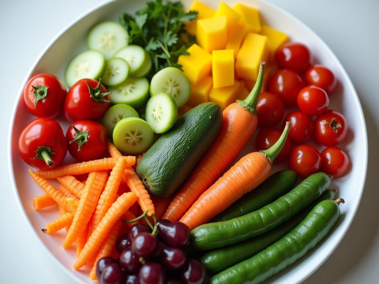 A colorful plate of vegetables and fruits with a focus on the science behind their anti-aging properties.
