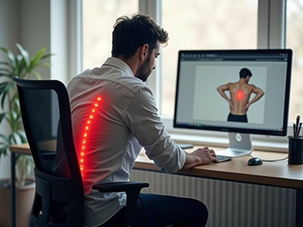 Person sitting at a computer with poor posture, experiencing back pain.
