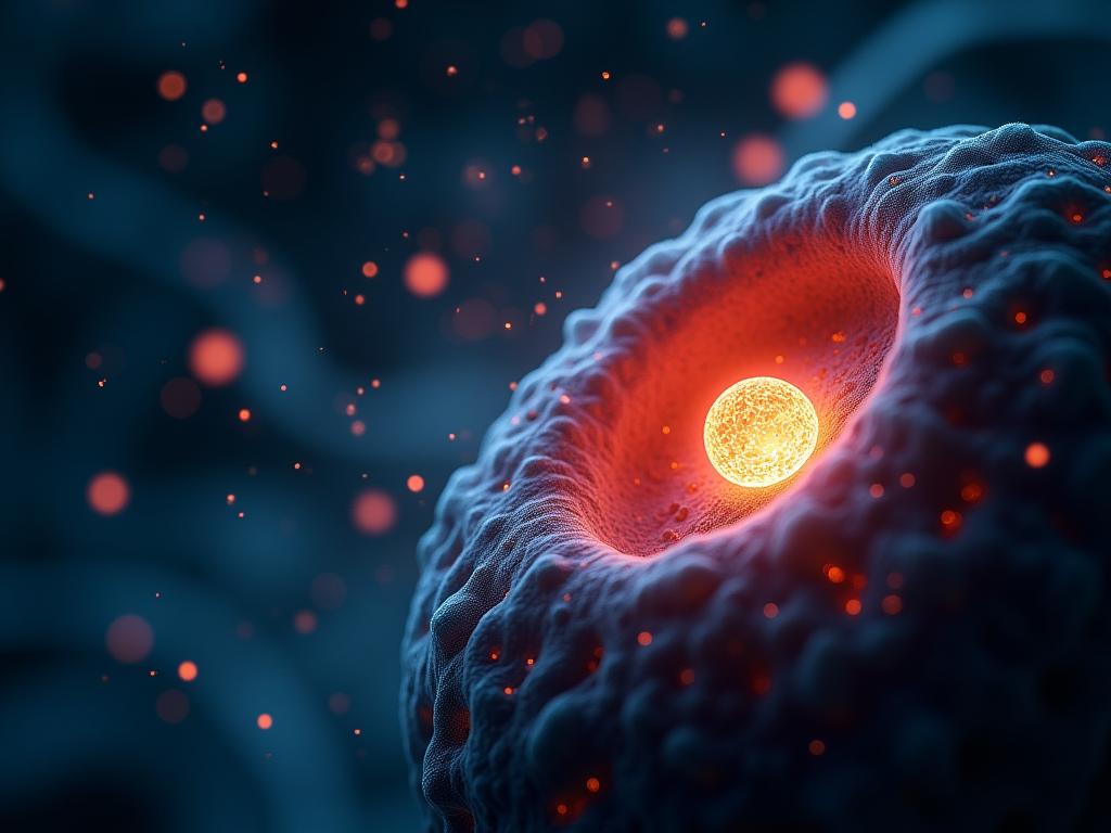A close-up shot of mitochondria inside a cell, glowing with energy, overlaid with Hebrew text related to the protocol.