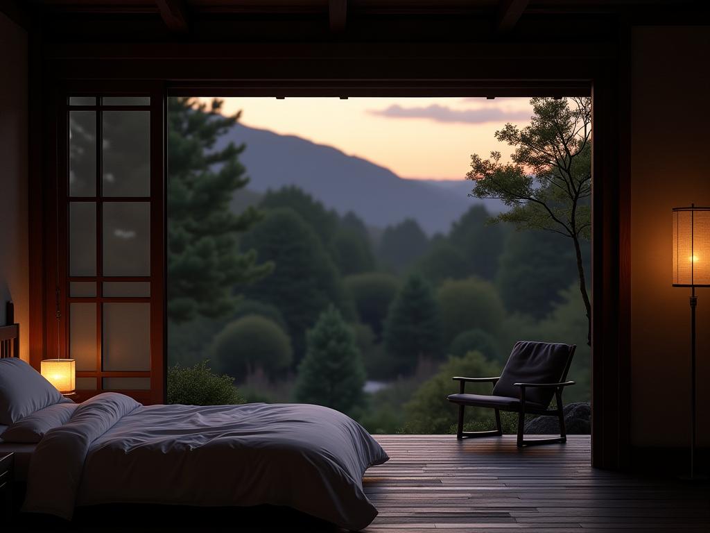 A serene Japanese garden scene at dusk, with soft lighting and a cozy bed in the background, symbolizing peaceful sleep and the Japanese method.
