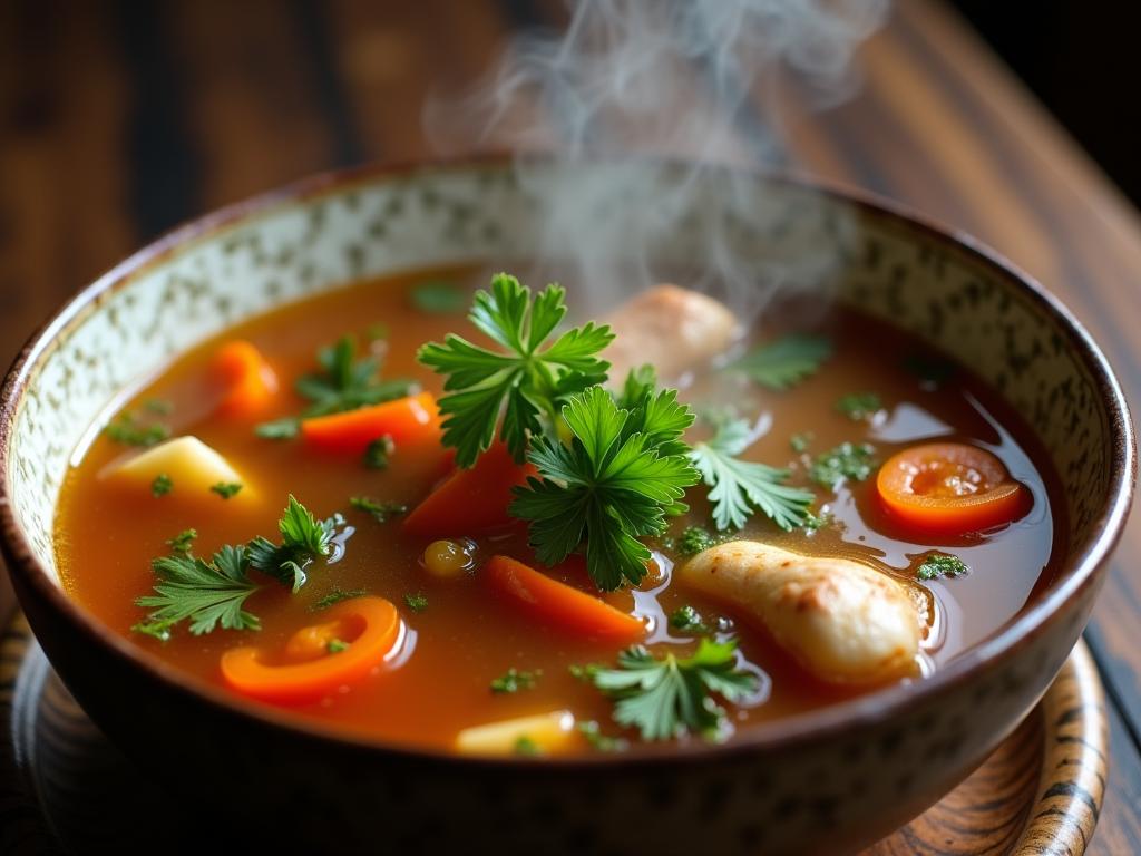 A steaming bowl of bone broth with vegetables and herbs, garnished with fresh parsley.