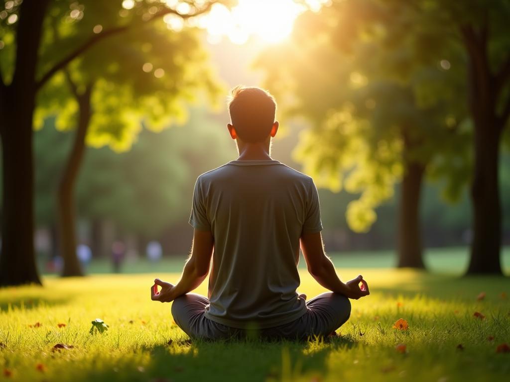 A person meditating while sitting in a park, surrounded by green trees and sunlight. The person is calm and focused, turning stress into strength.