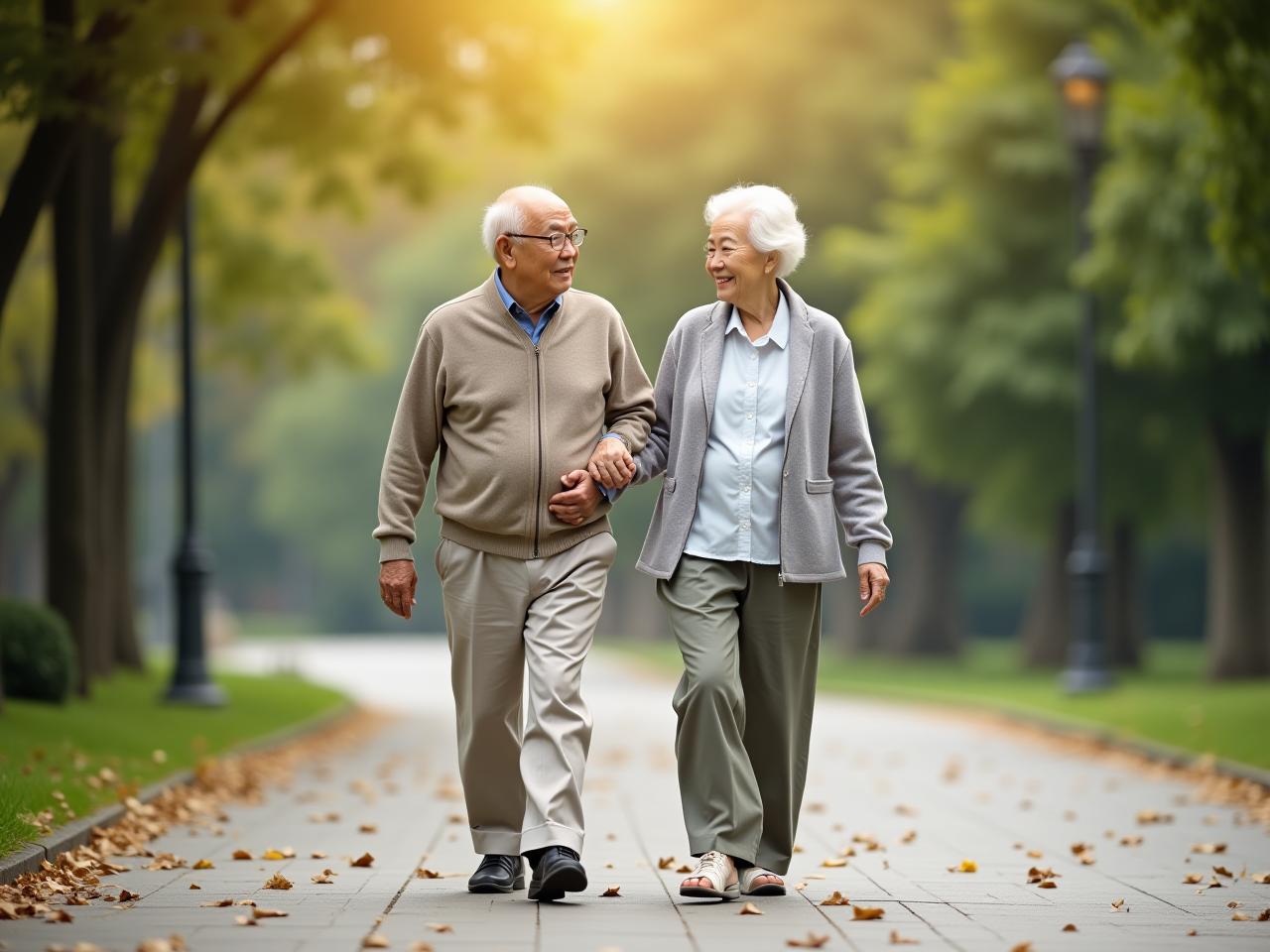 Elderly Chinese couple walking gracefully in a park, embodying the concept of lifelong mobility and health.