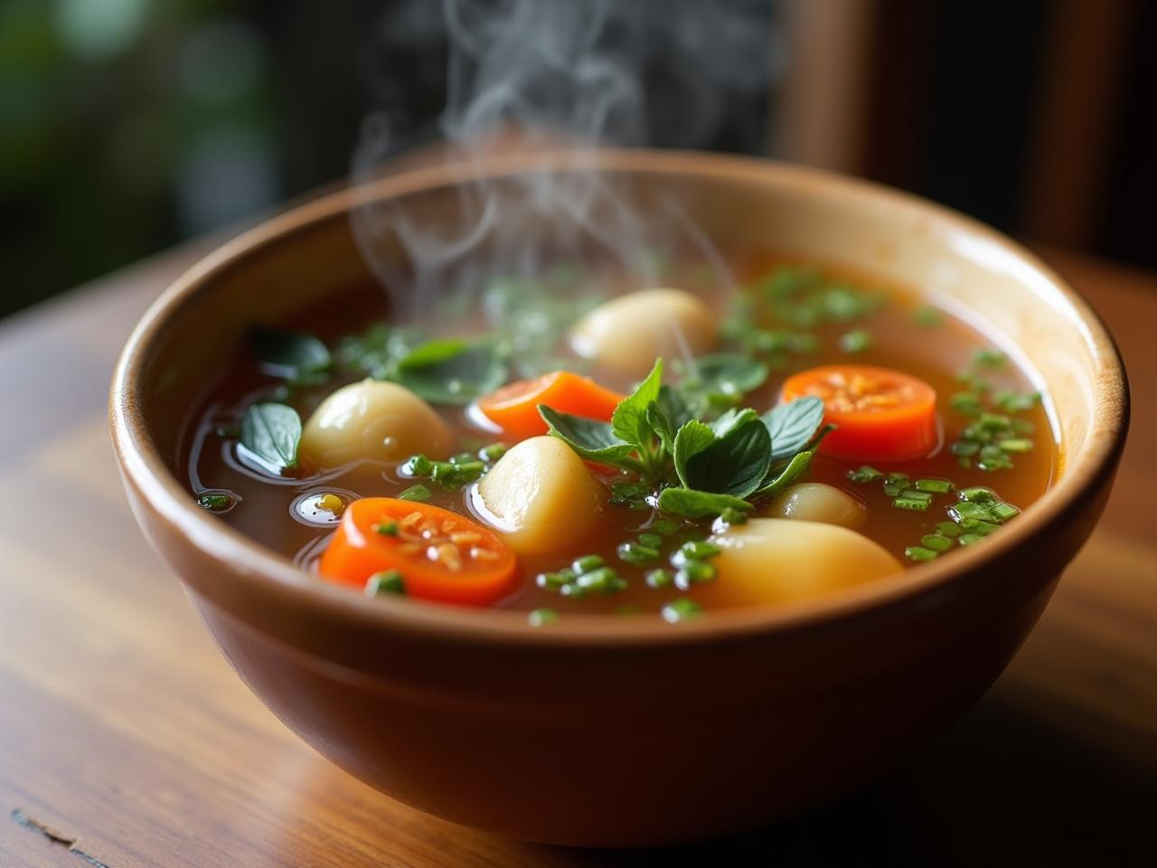 A steaming bowl of bone broth with vegetables and herbs.