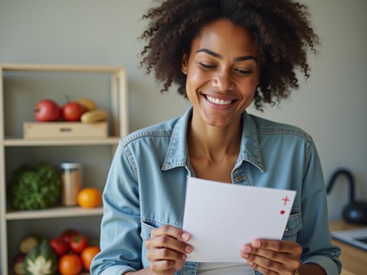 A person looking at blood test results with a thoughtful expression, surrounded by healthy food and exercise equipment.