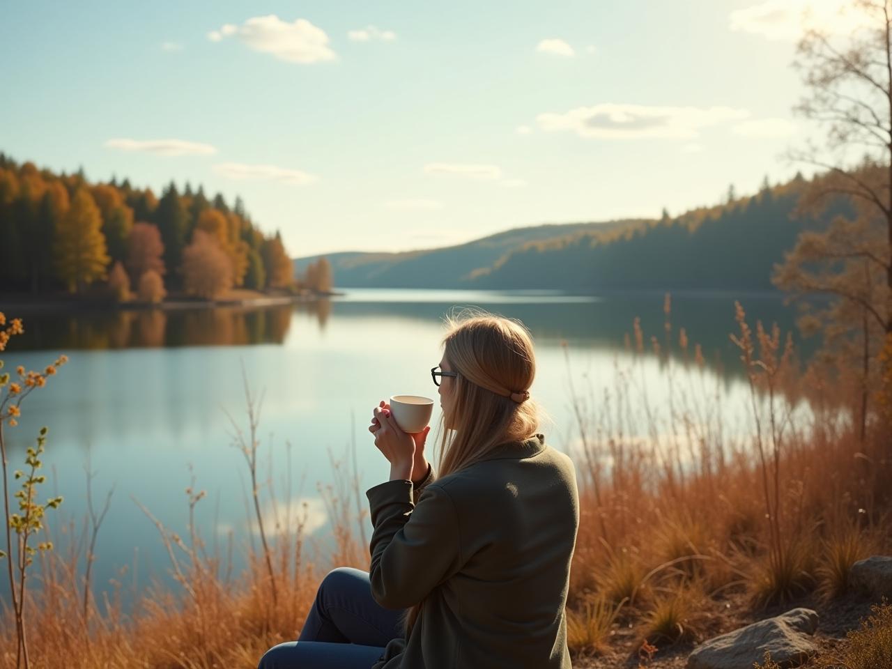 A calm Swedish landscape with a person enjoying a fika break, embodying the Lagom philosophy of balance and moderation.