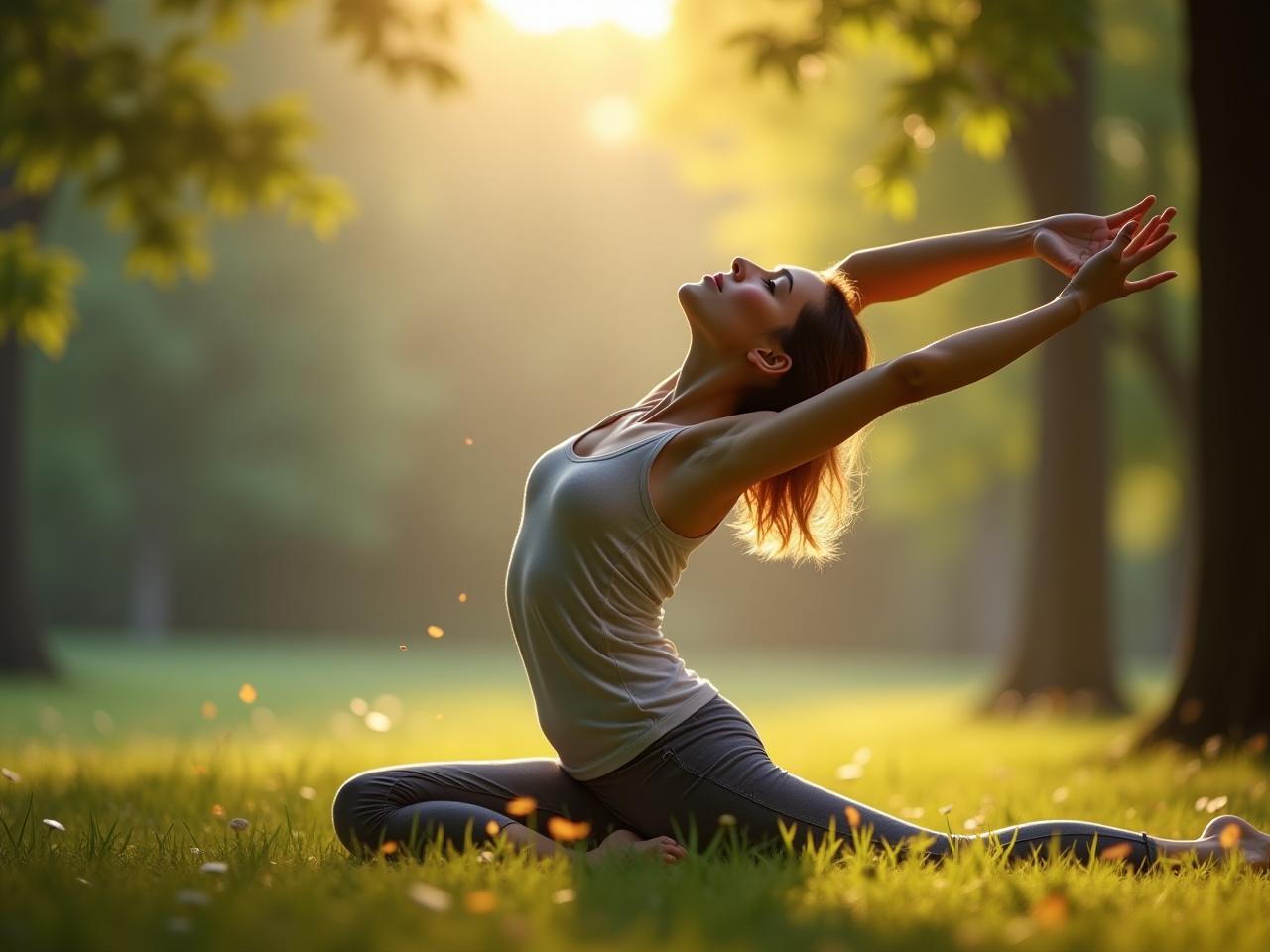 A person stretching dynamically in nature, emphasizing fluidity and natural movement instead of static poses.