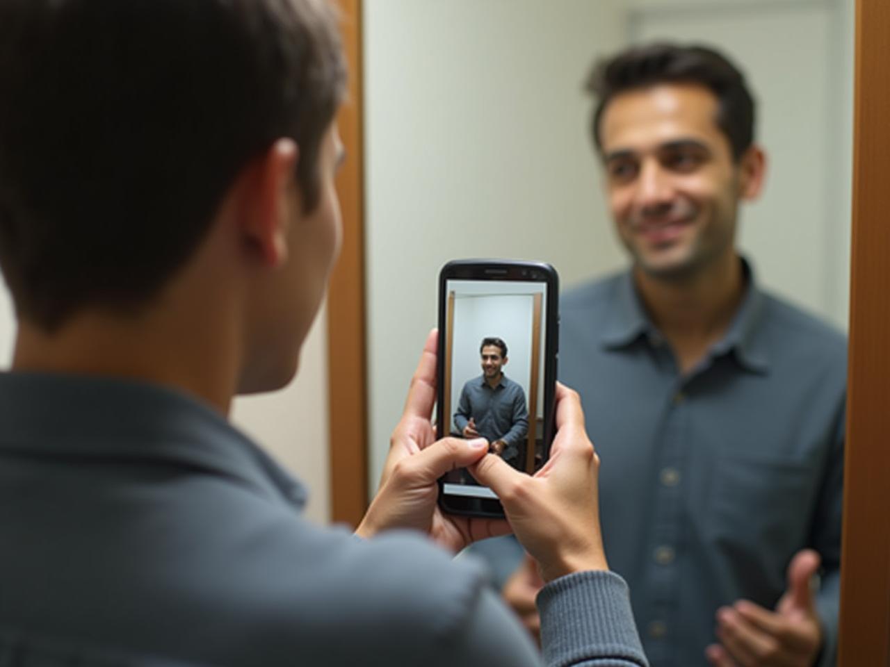 A person using a smartphone to analyze their posture in front of a mirror.