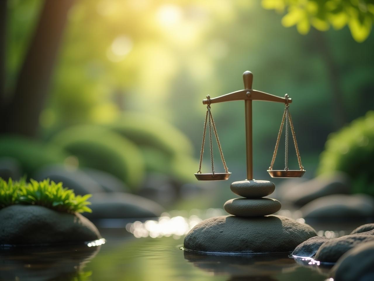 A serene Japanese garden with a balance scale subtly placed in the background, symbolizing the balance of pH levels in the body.