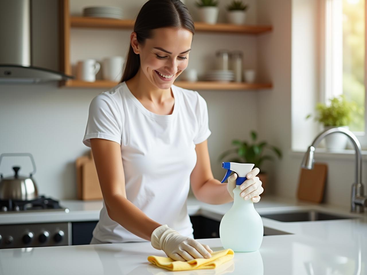 A woman smiling while cleaning her kitchen counter with a spray bottle and a cloth.