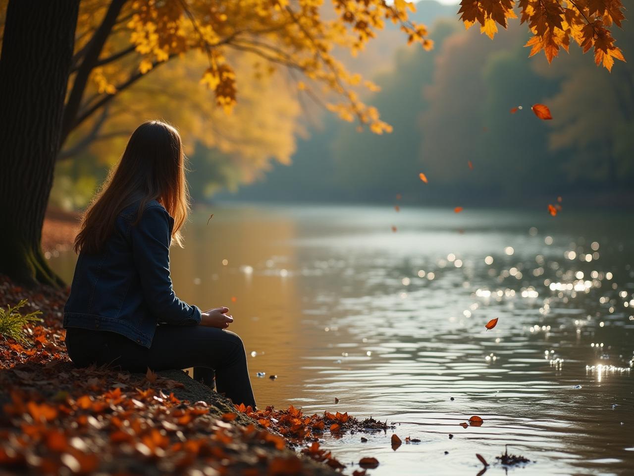 A person sitting calmly by a river, watching leaves floating by, representing the flow of emotions.