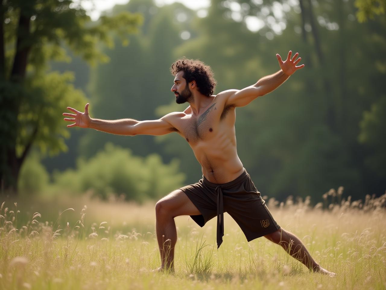 A person doing a natural movement exercise outdoors, resembling a tribal movement.