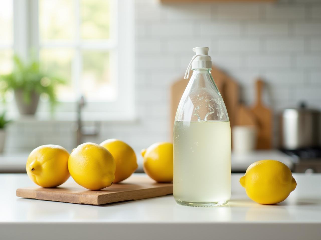 A clean and sparkling kitchen counter with lemons, baking soda, and vinegar, suggesting natural cleaning tips.