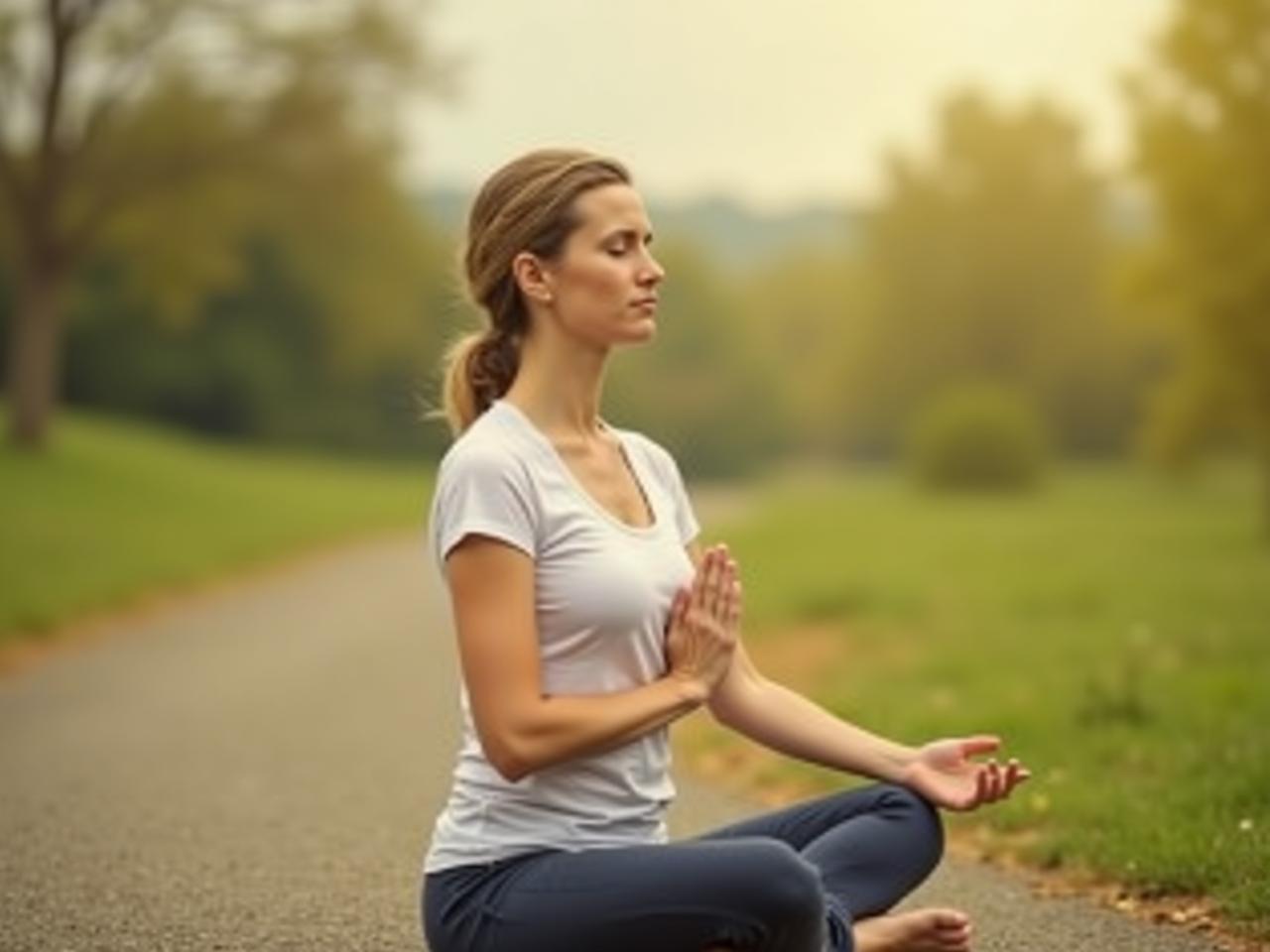 Woman practicing mindful breathing outdoors.