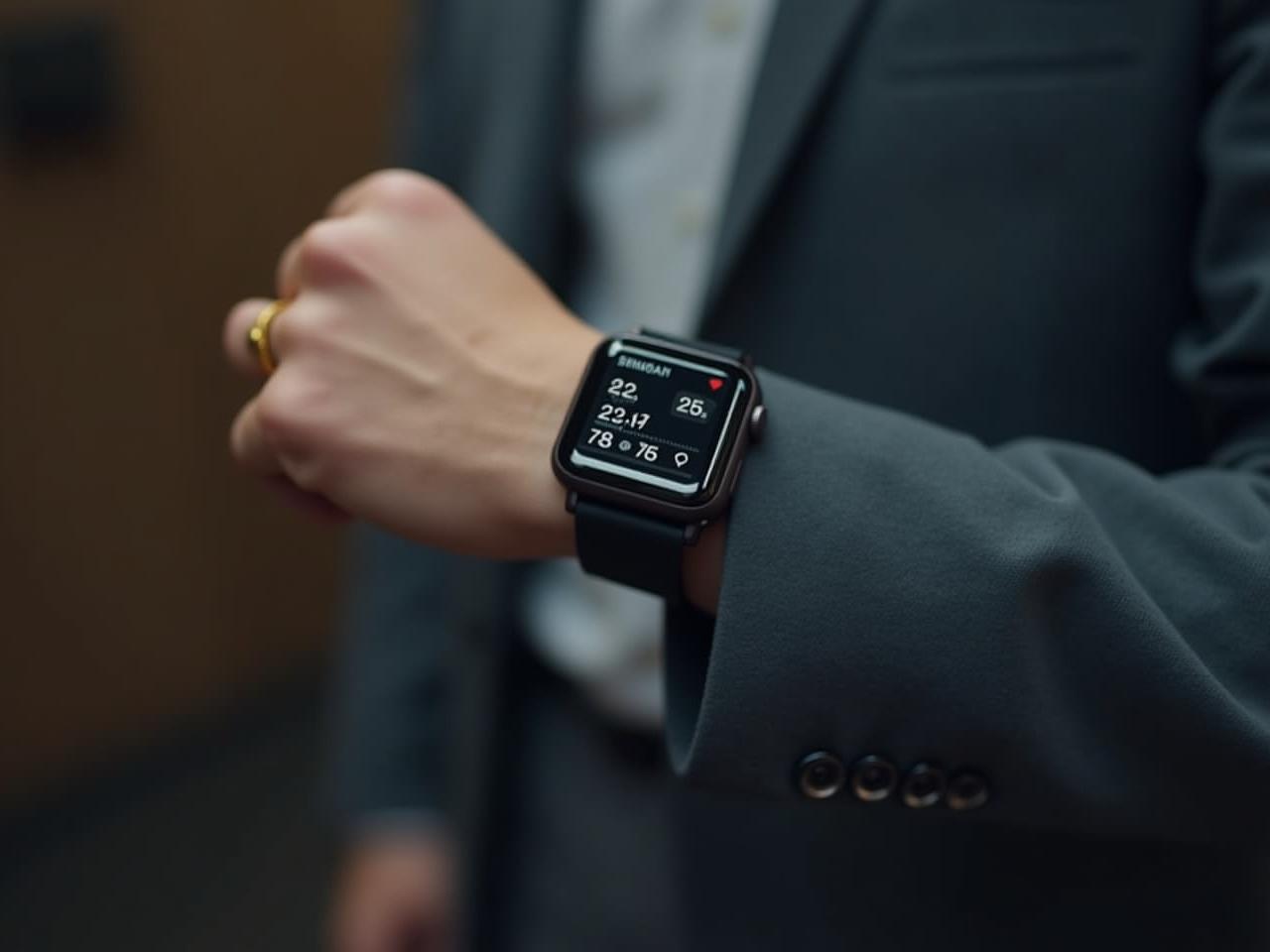 A person wearing a smartwatch looking at data, but confused.