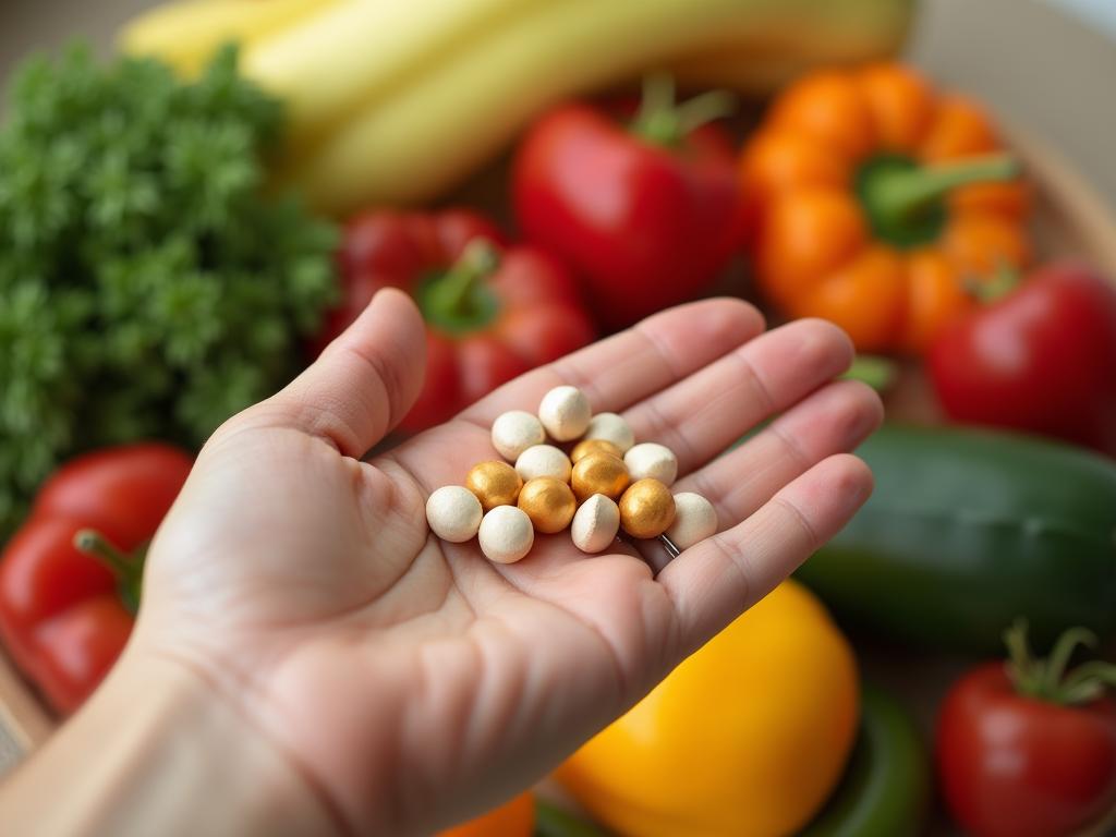 A hand holding iron supplement pills with a blurred background of fresh vegetables and fruits.