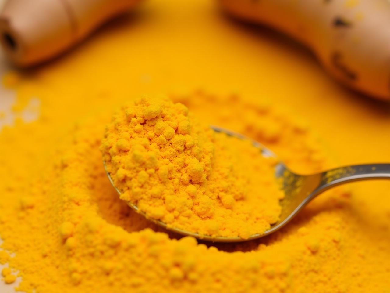 Close-up shot of turmeric powder and turmeric root, with a spoon scooping some of the powder. Vibrant yellow color.