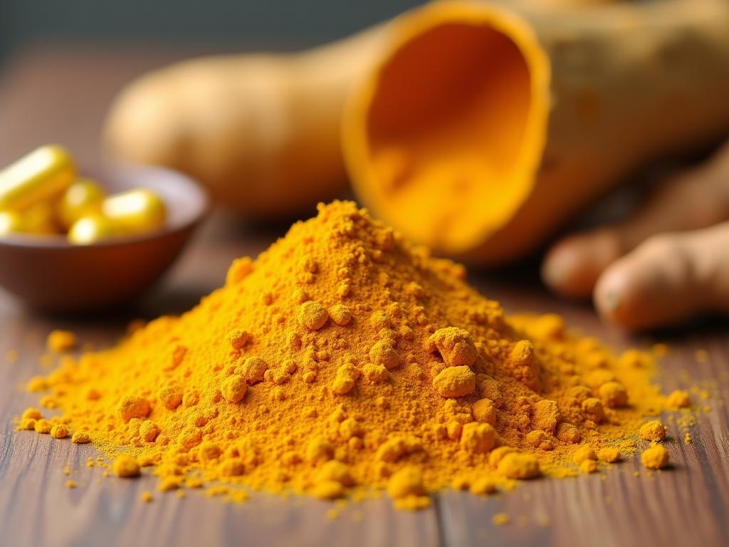 Close-up shot of turmeric powder and turmeric root on a wooden surface, with a measuring spoon and capsules in the background, representing the difference between natural turmeric and curcumin supplements.